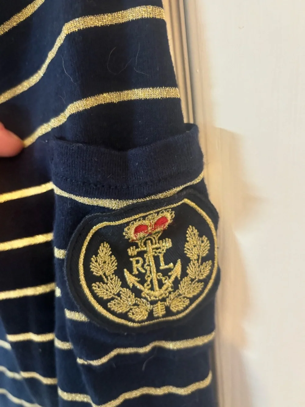 Lauren Ralph Lauren Top LBlue Gold Metallic Striped Boatneck 3/4 Sleeve W/ Logo - Picture 2 of 4